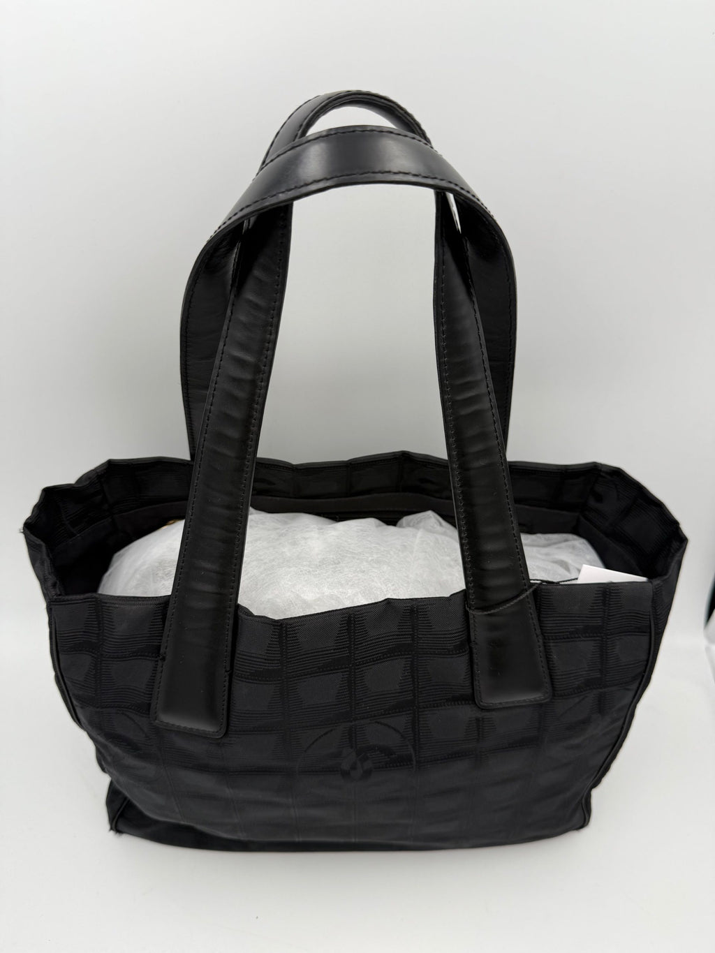 CHANEL Shopping Black Leather and Fabric Tote Bag