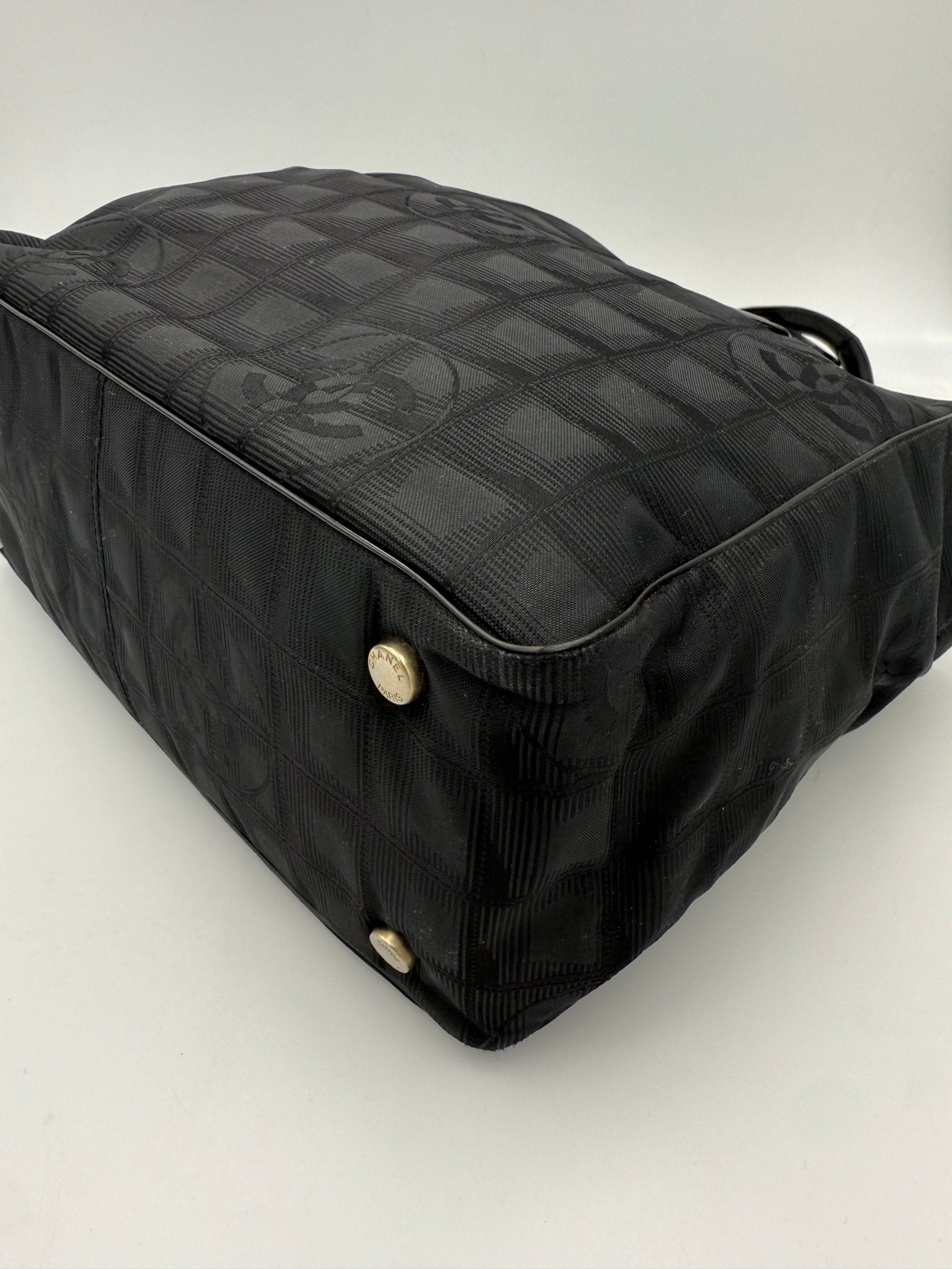 CHANEL Shopping Black Leather and Fabric Tote Bag