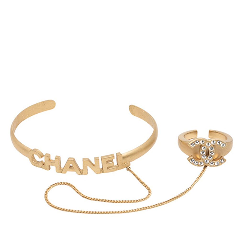 CC Gold Plated Rhinestone Logo Cuff Bracelet and Ring Set