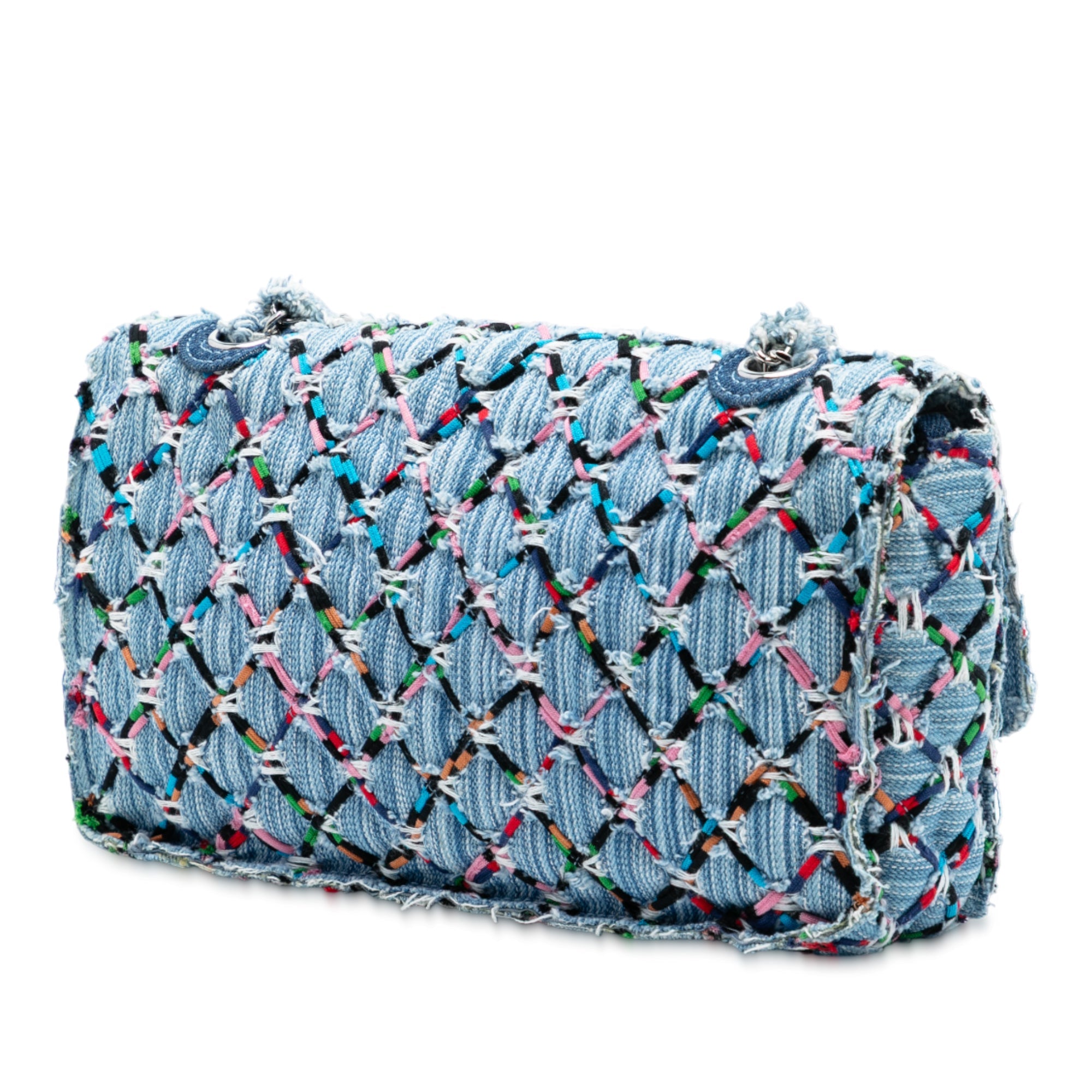 Medium Denim Rainbow Woven Stitch Quilted Robot Charm Single Flap