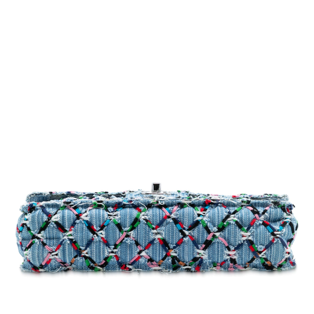 Medium Denim Rainbow Woven Stitch Quilted Robot Charm Single Flap