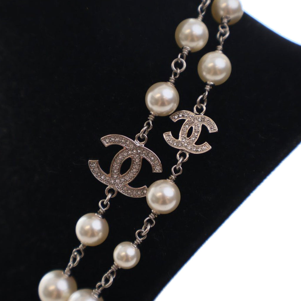 CC Silver Plated Crystal Faux Pearl Long Necklace