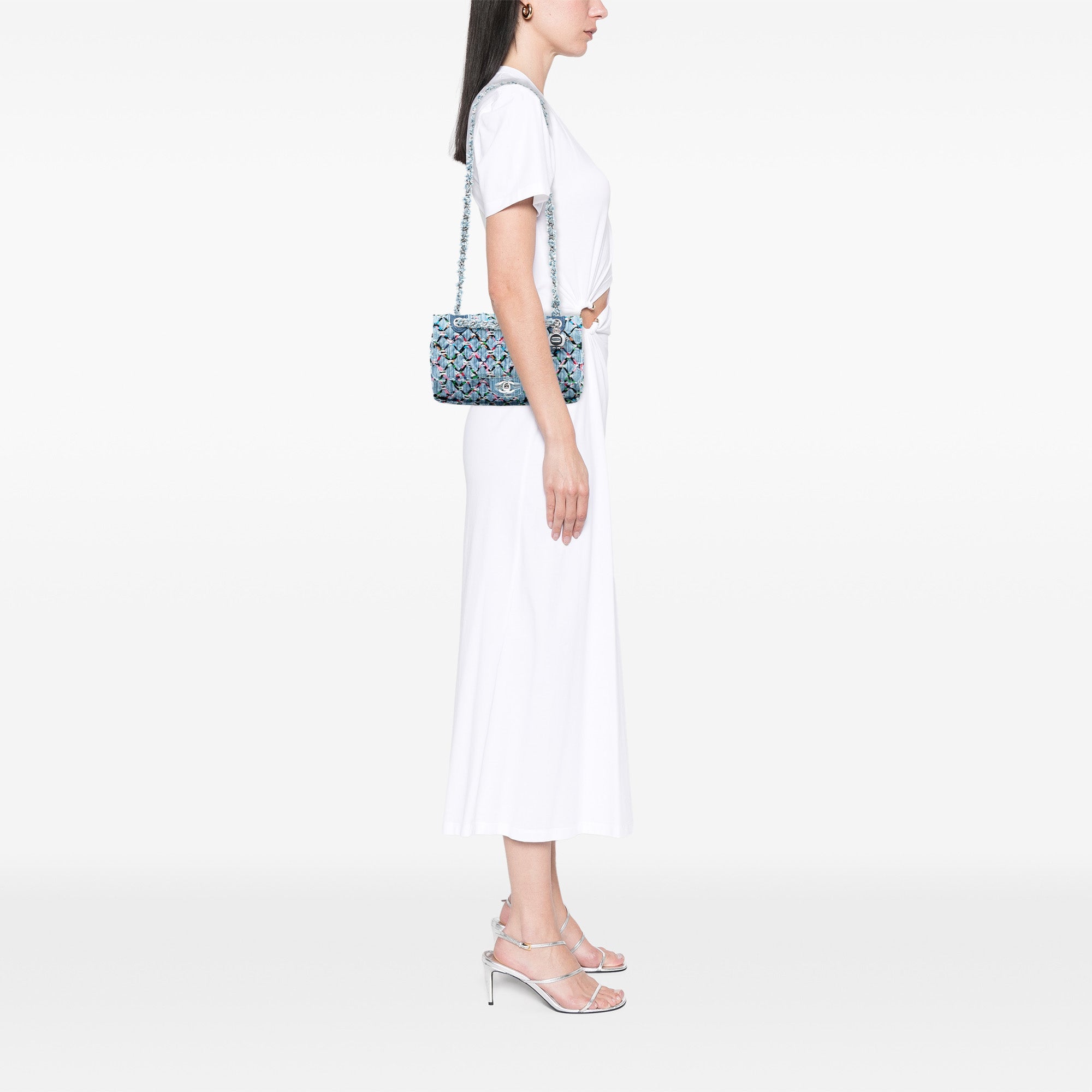 Medium Denim Rainbow Woven Stitch Quilted Robot Charm Single Flap