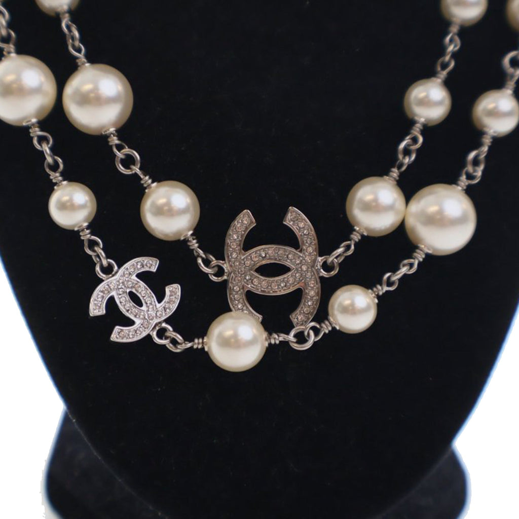 CC Silver Plated Crystal Faux Pearl Long Necklace
