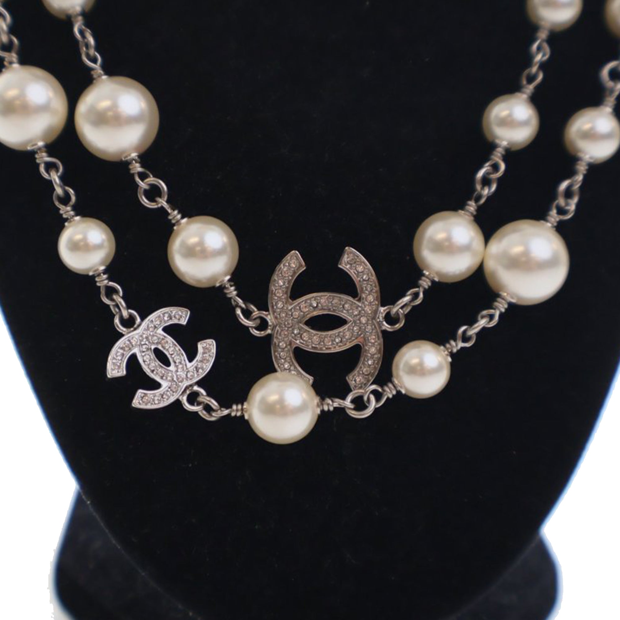 CC Silver Plated Crystal Faux Pearl Long Necklace