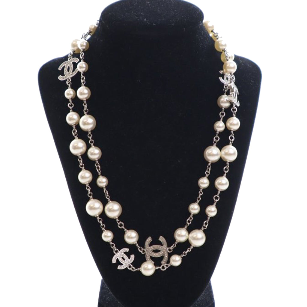CC Silver Plated Crystal Faux Pearl Long Necklace