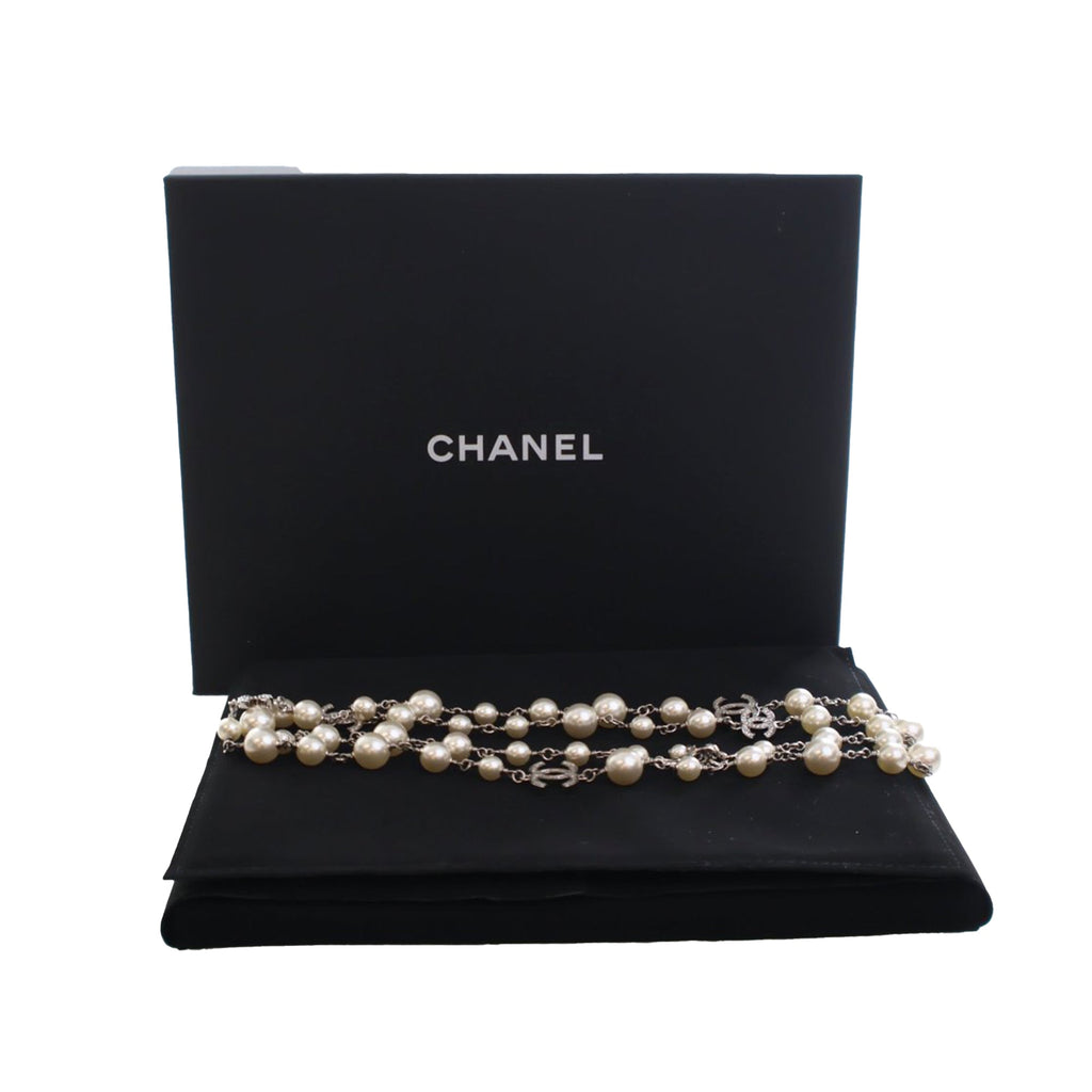 CC Silver Plated Crystal Faux Pearl Long Necklace